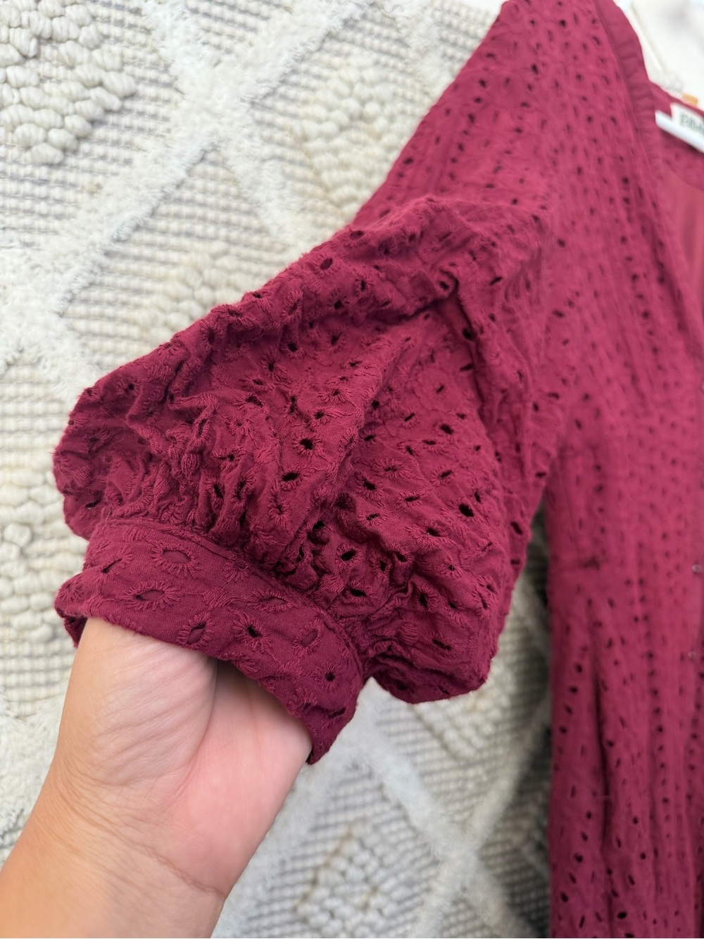 Burgundy balloon sleeve eyelet midi dress
